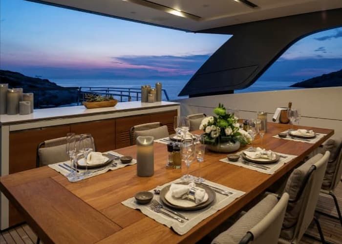 Dining onboard, luxury yacht charter Greece, luxury dining